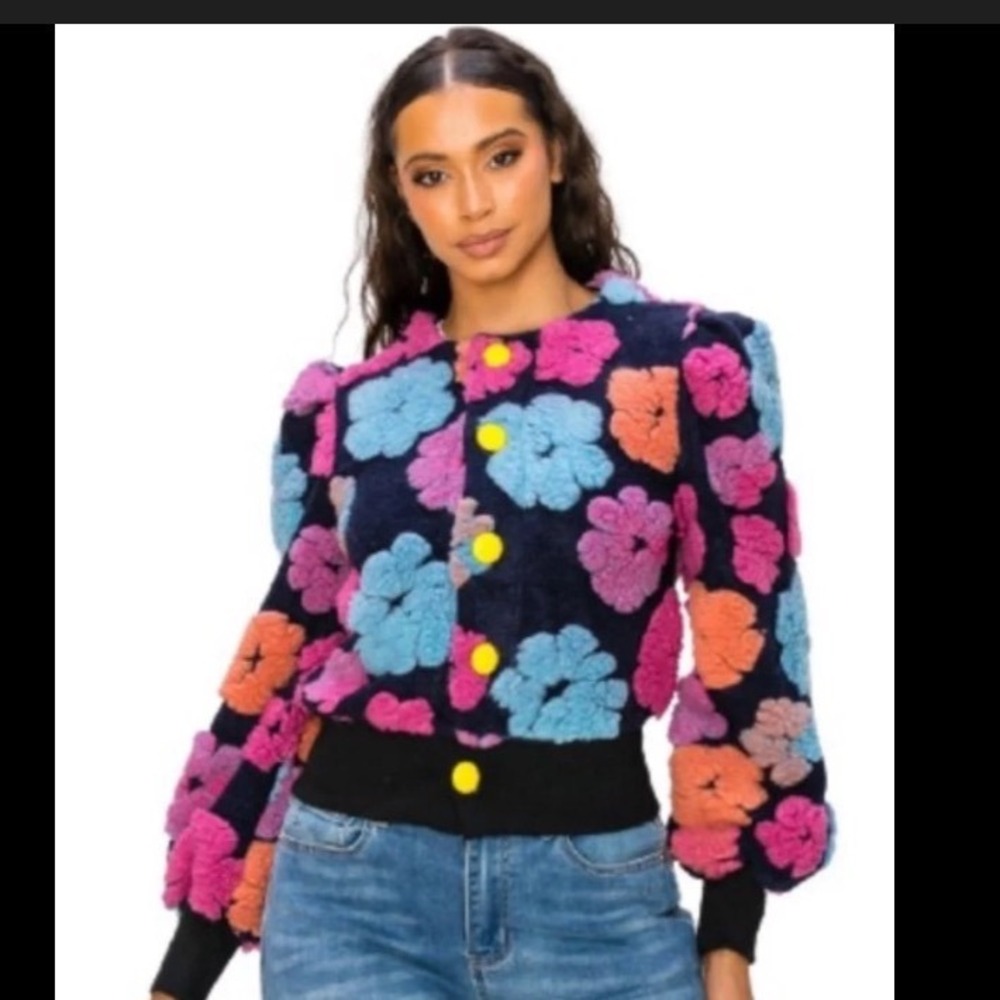 Bamber‎ Cadigan floral size m black floral retro buttons women's